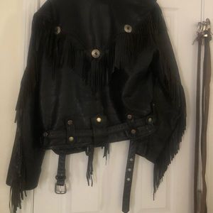 EUC vintage black leather biker fringe jacket